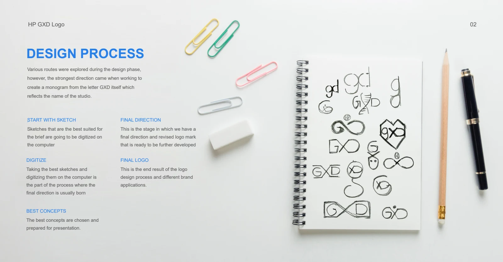 Sketches and logo development stages for the HP GXD studio identity