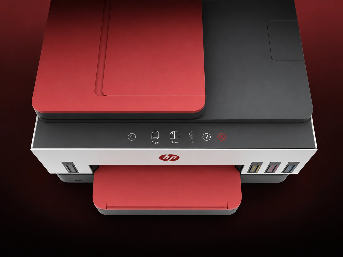 HP printer with a red lid and Magic Touch Panel, presented with burgundy studio lighting