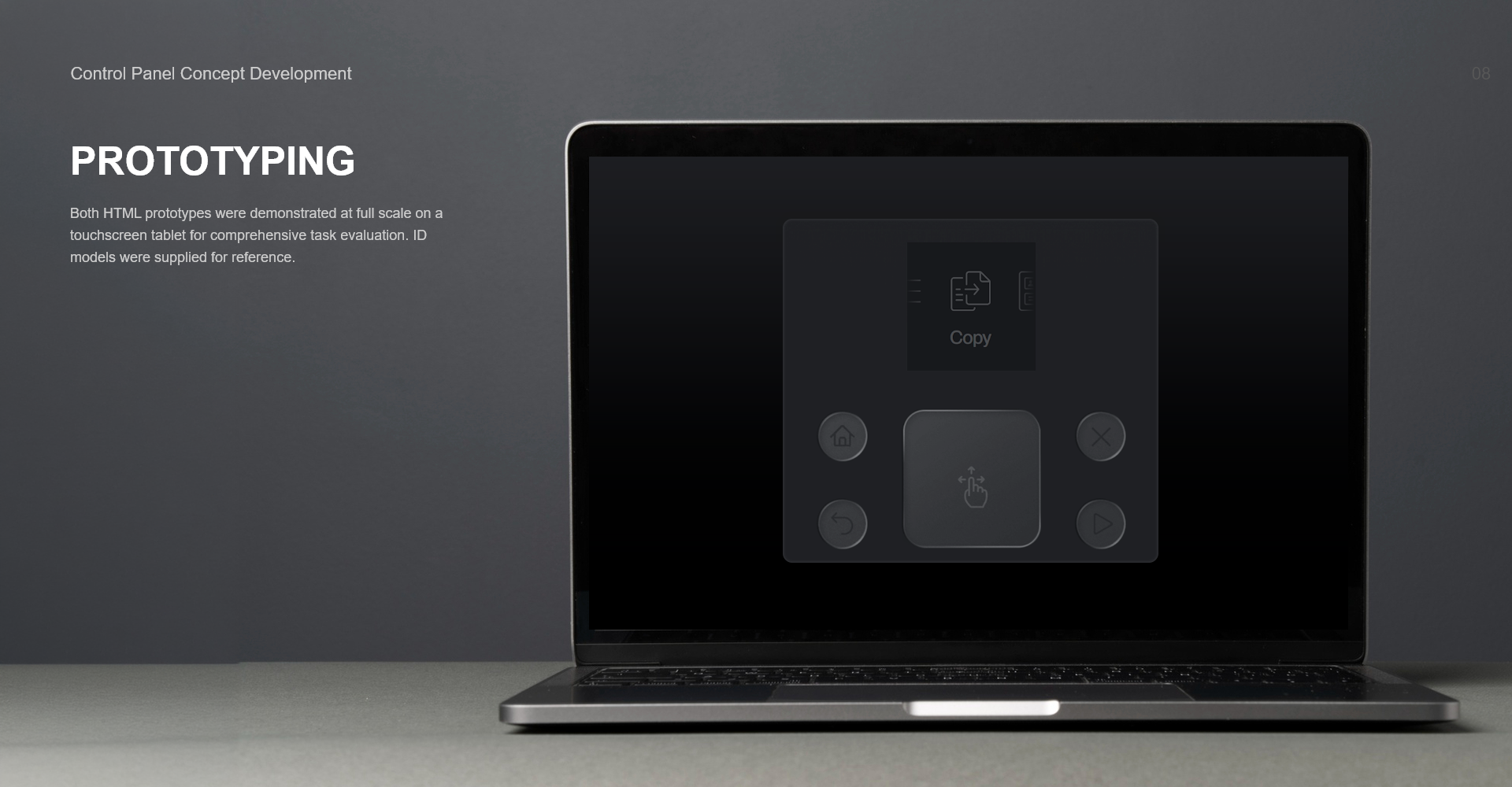 Control Panel Concept Development: HTML prototypes shown on a laptop for task evaluation