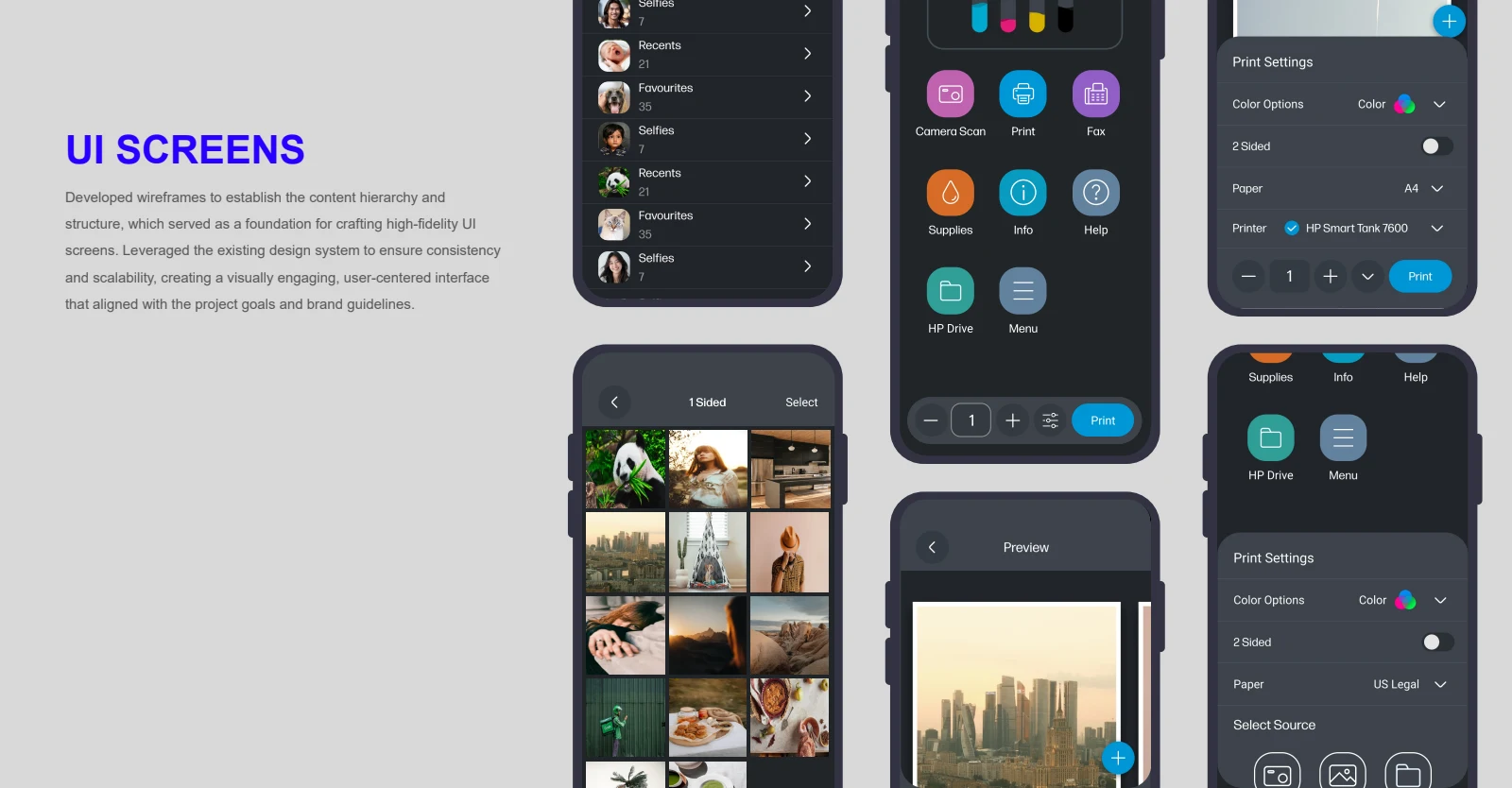 Remote Control UI mobile screen designs showing printer controls