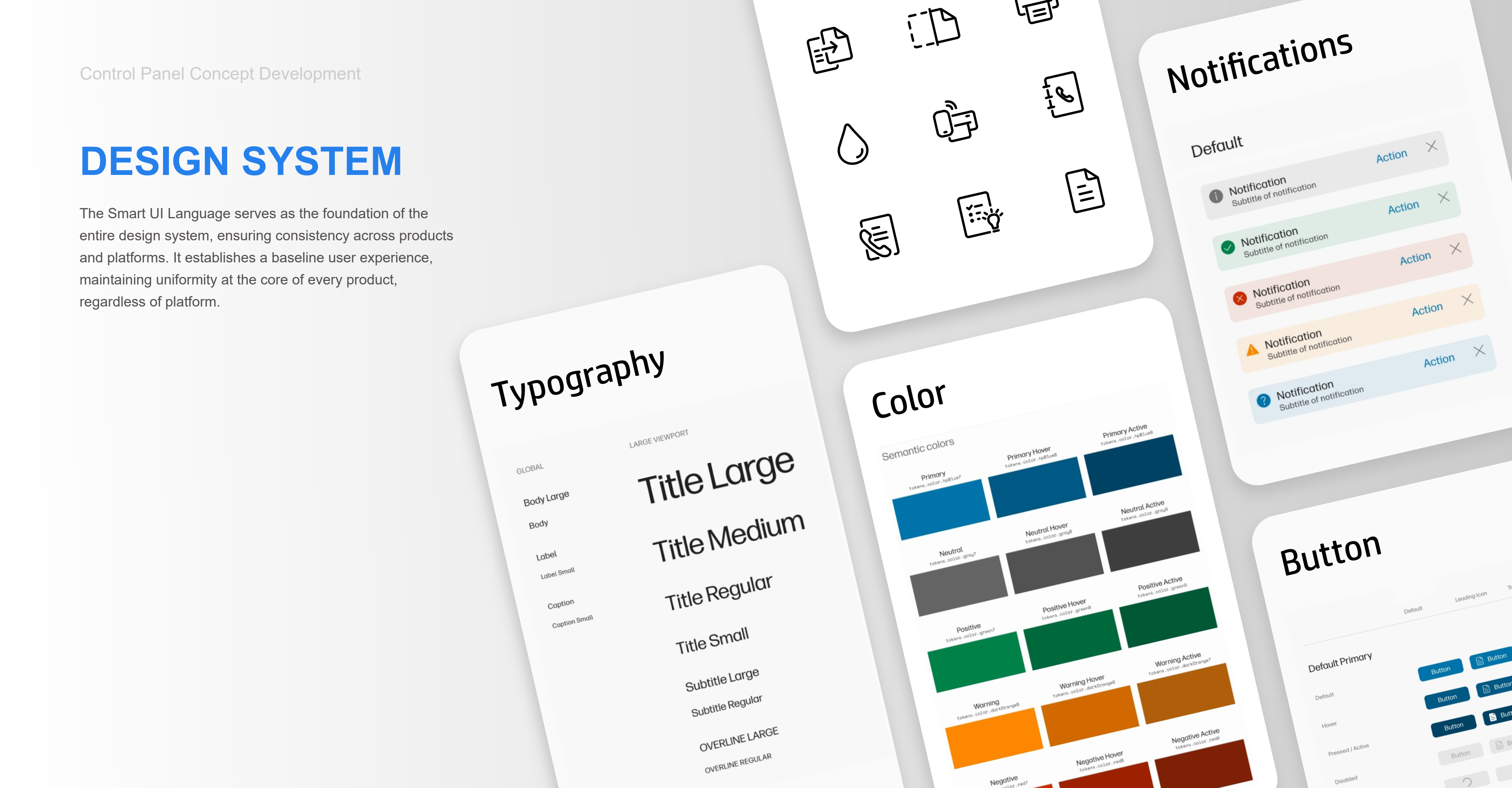 Smart Control Panel typography, iconography, color, and component library
